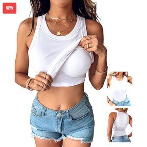 Built-in Bra Ribbed Tank Top, Sleeveless Fitted Casual Shirt, Racerback